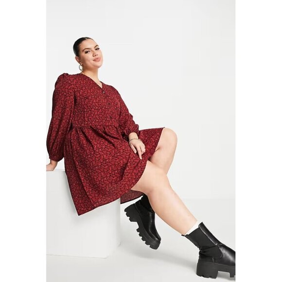 ASOS Urban Threads, Ditsy Floral V-Neck Long-Sleeve Swing Dress, Burgundy (18W) - Picture 15 of 15